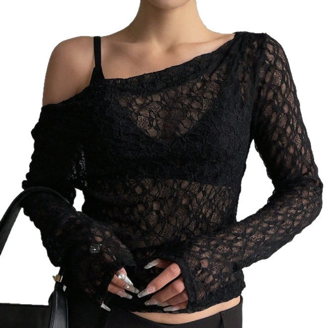 Holiday Casual All-Match Solid Color Simple Long-Sleeve Lace Top