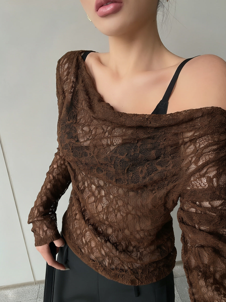 Holiday Casual All-Match Solid Color Simple Long-Sleeve Lace Top