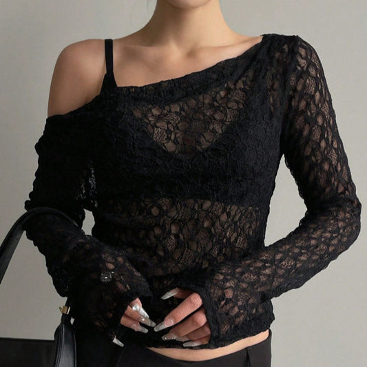 Holiday Casual All-Match Solid Color Simple Long-Sleeve Lace Top
