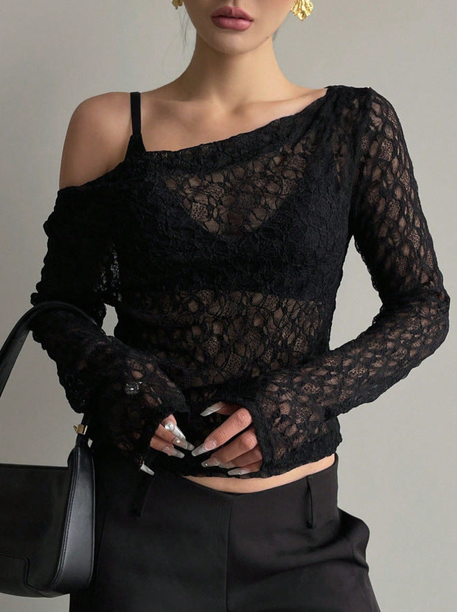 Holiday Casual All-Match Solid Color Simple Long-Sleeve Lace Top